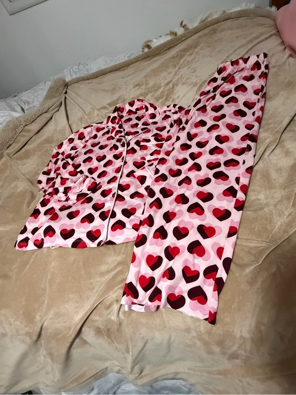 kate spade Long Sleeve Notch Collar Pink Heart-Print KnitPajama Set Small Women